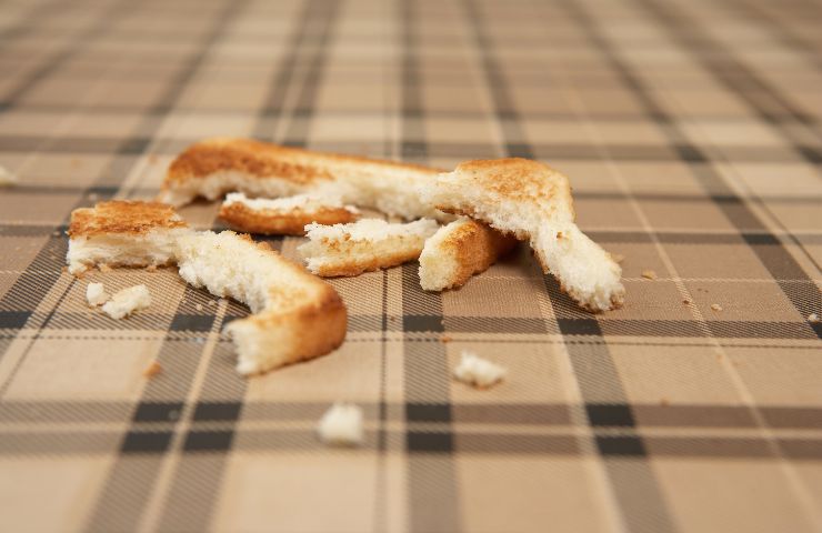 tovaglia con avanzi e briciole di pane